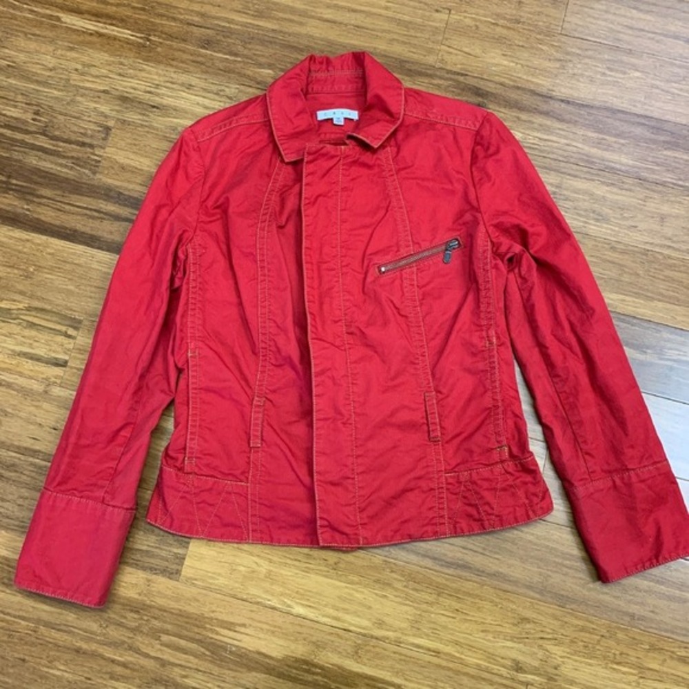 Cabi Red Cotton Jacket Womens Medium Moto Style Full Zip Fitted Blazer Utility‎